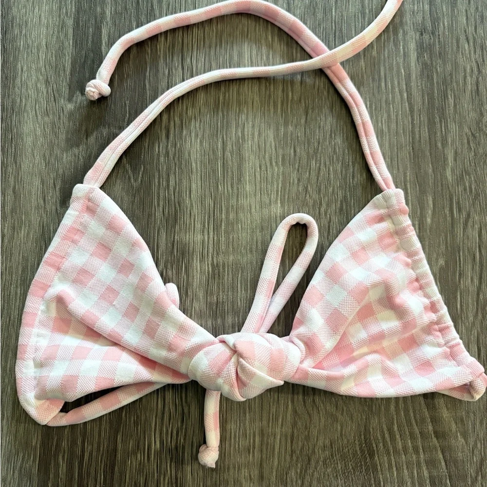 NEW Frankie’s Bikinis pink picnic gingham halter string bikini top